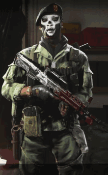 a soldier with a skull face paint on his face holds a gun