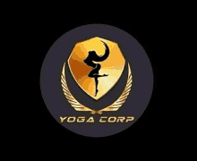 a yoga corp logo with a woman in a yoga pose on a shield .