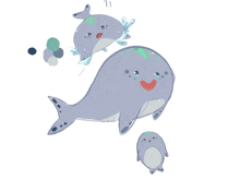 a drawing of a whale with a baby whale and a seal