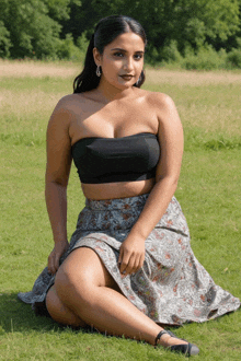 a woman wearing a black strapless top and a skirt sits in the grass