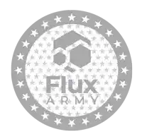 a logo for flux army is shown in a circle with stars around it