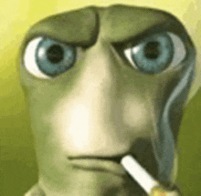 a cartoon character is smoking a cigarette and making a face .