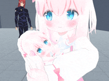 a girl with pink hair and blue eyes holds a baby doll