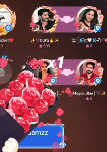 a screenshot of a video game shows a bouquet of roses and hearts and says amzz