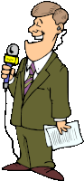 a cartoon of a man holding a microphone and a piece of paper