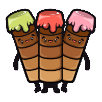 three cartoon ice cream cones with different flavors on them