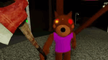 a brown teddy bear in a pink shirt is holding an axe in a video game .