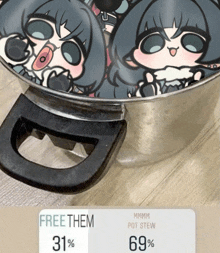 a pot with two girls on it and a sticker that says free them 31 %