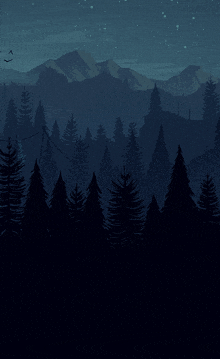 a forest with mountains in the background at night