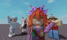 a girl with a purple bow in her hair is smiling in front of a group of roblox characters