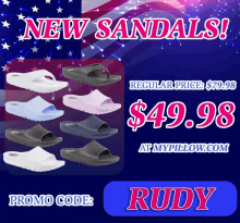 an advertisement for new sandals with a promo code