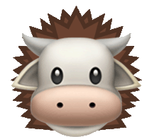 a cartoon drawing of a cow 's head with a hedgehog behind it