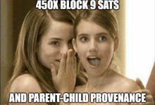 two girls whispering in each other 's ear with 450x block 9 sats and parent-child provenance