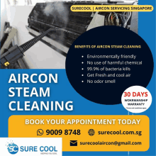 an advertisement for surecool aircon steam cleaning singapore