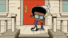 a cartoon of a boy with glasses hugging another boy with a backpack