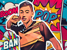 a pop art drawing of a man with the words boom and pop