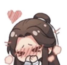 a cartoon girl with long hair is covering her mouth with her hand and a heart is above her head .