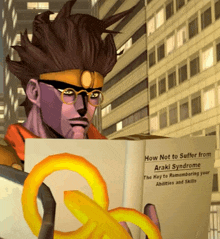 a man with glasses is reading a book titled how not to suffer from araki syndrome