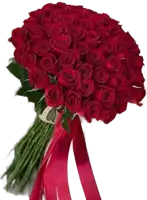 a bouquet of red roses with a red ribbon tied around it