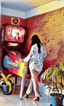 a painting of a woman playing a pinball machine that says lsd on it