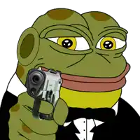 a frog wearing a tuxedo and bow tie is pointing a gun