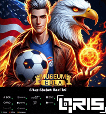 a man is holding a soccer ball in front of an eagle and the words museum bola 1