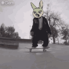 a cartoon of a rabbit on a skateboard with the gem logo in the corner