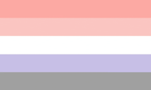 a pink , white , purple , and gray flag with a white stripe on the bottom .