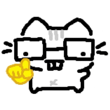 a pixel art drawing of a cat wearing glasses and holding a yellow fist .