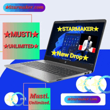 a laptop with the words musti unlimited new drop on the screen