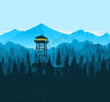 a tower in the middle of a forest with a mountain in the background