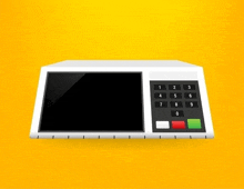 a white electronic device with a black screen and buttons on a yellow background ..