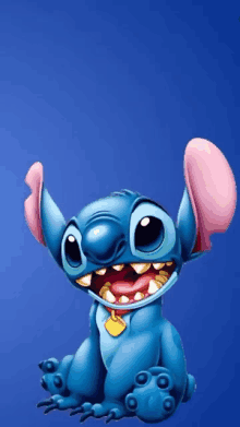 stitch from disney 's lilo and stitch is sitting on a blue background with his mouth open .