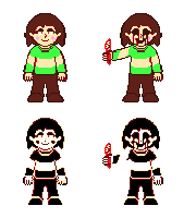 a pixel art of a girl in a green and brown sweater holding a red knife .