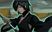 a girl with black hair and green eyes is holding a sword in front of a roof