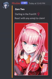 a screenshot of a chat with a picture of a girl called zero two