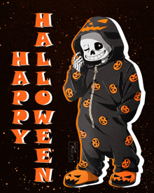 a drawing of a skeleton in a halloween costume with pumpkins on it