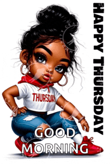 a cartoon of a girl with the words happy thursday good morning