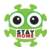 a green monster wearing a mask with the words stay home written on it