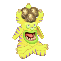 a yellow and purple cartoon monster with a bunch of balls on his head