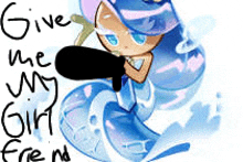 a drawing of a mermaid holding a microphone with the words `` give me my girl friend '' written on it .