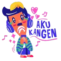 a cartoon of a man wearing headphones and crying with aku kangen written on the bottom