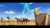 a group of horses standing in the desert watching a lightning storm