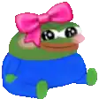 a pixel art of a frog wearing a pink bow and blue pants .