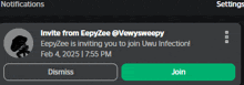 a notification from eepyzee invites you to join a uwu infection