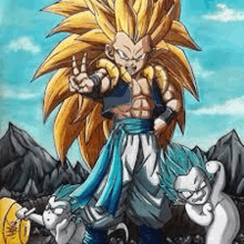 a cartoon of gogeta from dragon ball z standing next to a cat and a monkey .