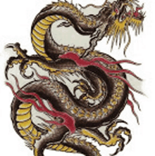 a drawing of a chinese dragon with red and yellow tails on a white background .