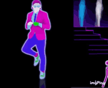 a man in a pink jacket and purple pants is dancing in a video game .