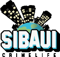 a sibaui crime life logo with a globe and buildings in the background