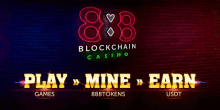 a brick wall with a neon sign that says 888 blockchain casino